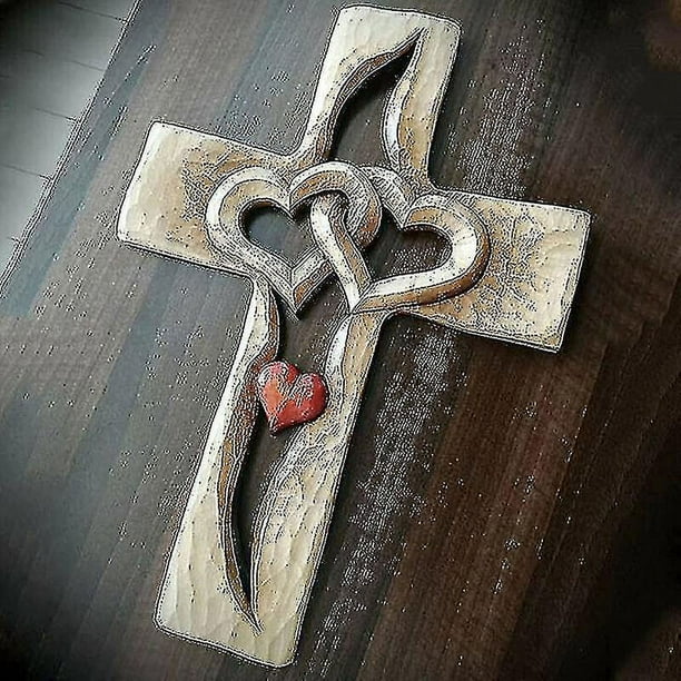 Cruz de madera tallada, corazones entrelazados, cruz de amor de madera,  cruz de madera tallada a mano para colgar en la pared, cruz de madera  tallada