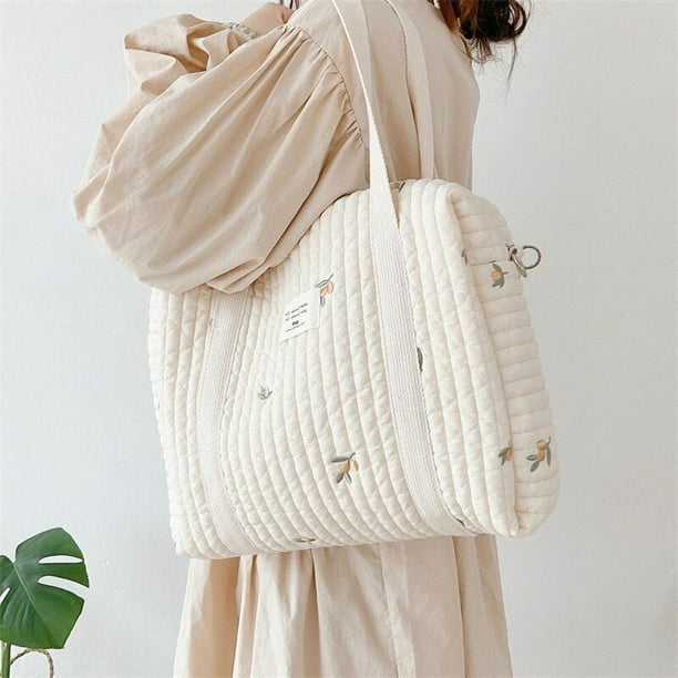 Bolso de mano de tela de algodón con cremallera para bebé, bolsa de  equipaje con diseño de oso y flor bordada, de lujo, color Beige