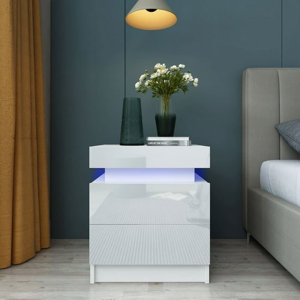 Mesita de noche blanca con 2 cajones, mesita de noche blanca con luz LED,  mesa auxiliar de alto brillo para sala de estar, dormitorio, armario