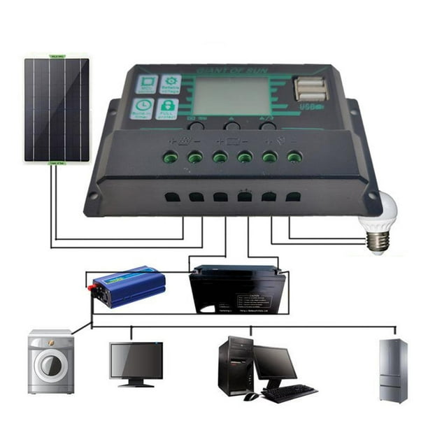 Controlador de carga solar 12V/24V 30A PWM Panel solar regulador  inteligente con doble puerto USB pantalla LCD, 30A