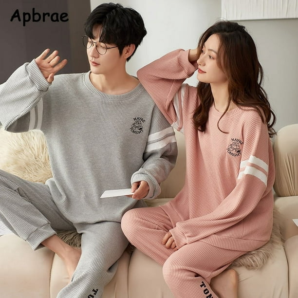 Conjunto de pijama de algodón para parejas, ropa de dormir de manga larga  con cuello redondo y pantalones largos, para otoño e invierno, novedad