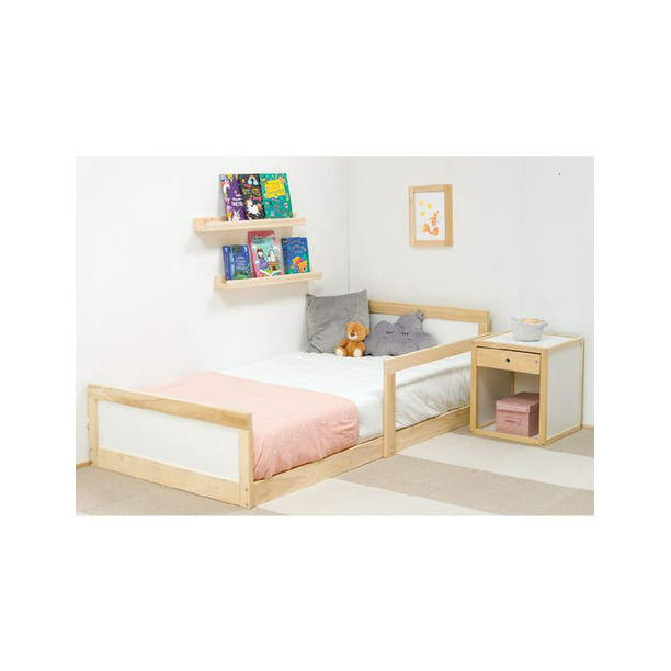 Base de cama matrimonial para niños, cama Montessori de madera con diseño  de valla y puerta, cama de piso completo con rieles para niñas y niños