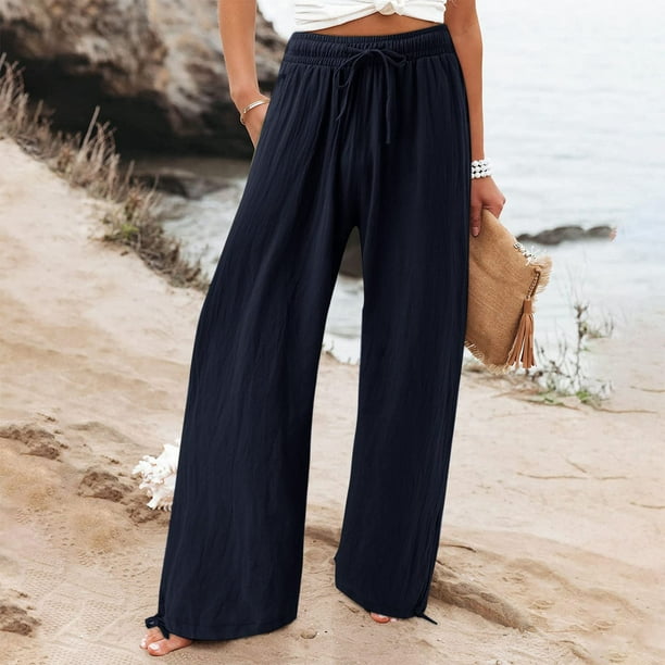 Pantalones largos informales para mujer cintura alta Color sólido