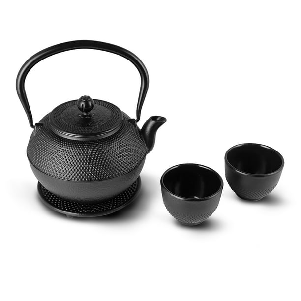 Juego de tetera de hierro fundido de 27.1 fl oz con 2 tazas de té japonés  negro antiguo con base y filtro de acero inoxidable Hervidor de té doméstico