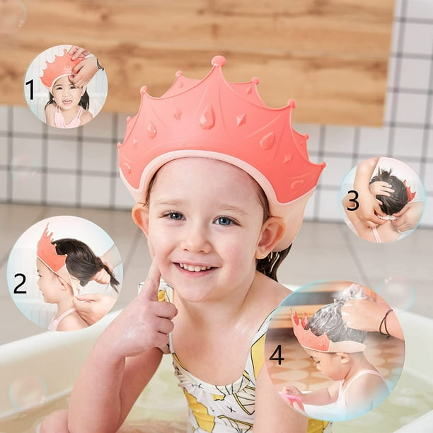 Gorro de ducha para niños, gorro con visera para proteger los ojos y los  oídos para niños de 0 a 9 años, la bonita forma de corona hace que el baño  del