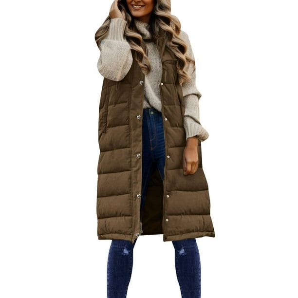  Chaleco largo con capucha y cremallera para mujer, talla  grande, chaleco de algodón cálido, chaqueta sin mangas para mujer, Beige, M  : Ropa, Zapatos y Joyería