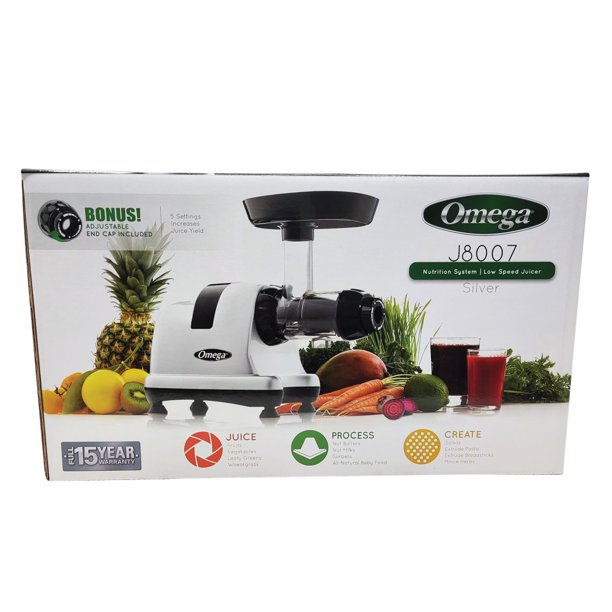 Omega Juicer J8007S - Extractor de jugos de frutas y verduras de  masticación lenta y sistema de nutrición, triple etapa, 200 vatios, color  plateado