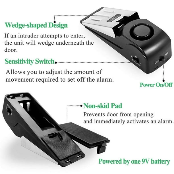 EMDMAK Alarma de tope de puerta con tope de puerta de sirena de 120 dB para  el hogar y los viajes (negro) (paquete de 2)
