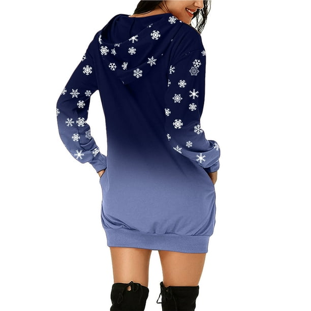 Vestido con capucha para mujer, estampado navideño, manga larga, sudadera,  vestido para mujer, sudadera con capucha informal suelta, azul oscuro M
