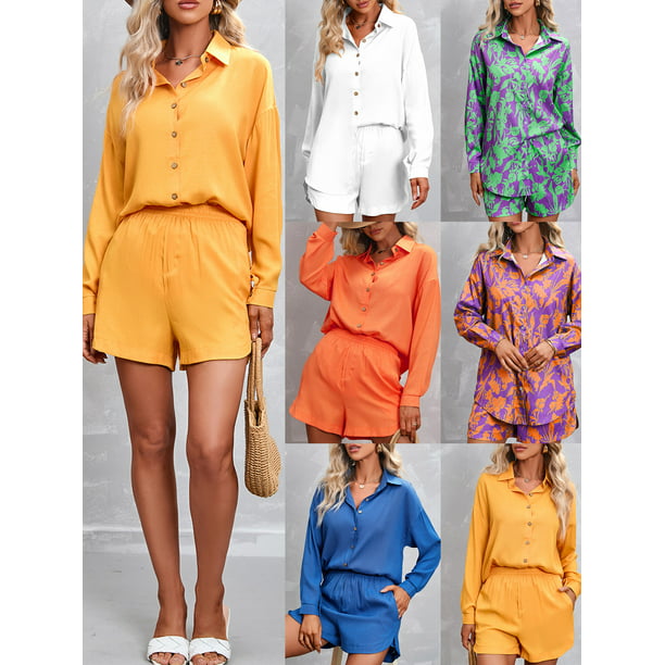 Conjunto camisa con botón naranja neón con shorts, Moda de Mujer