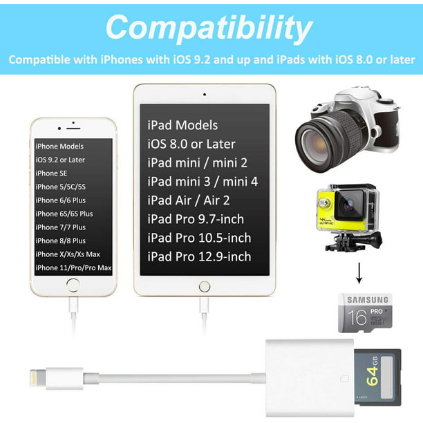 Lector de tarjetas SD, adaptador de lector de cámara digital compatible con  iPhone/iPad (compatible con iOS 13 y anteriores), visor de cámara Trail  Game compatible Sincero Hogar