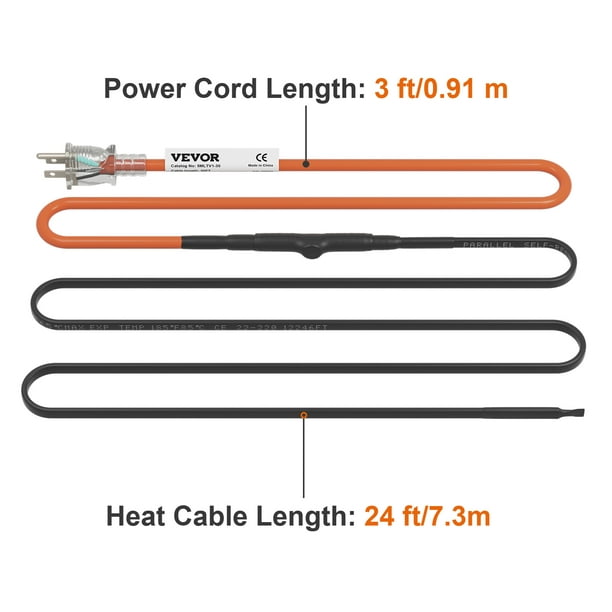 VEVOR Cable calefactor de tubería autorregulable, cinta térmica de 60 pies  5 W/pie para protección contra congelación de tuberías, protege mangueras