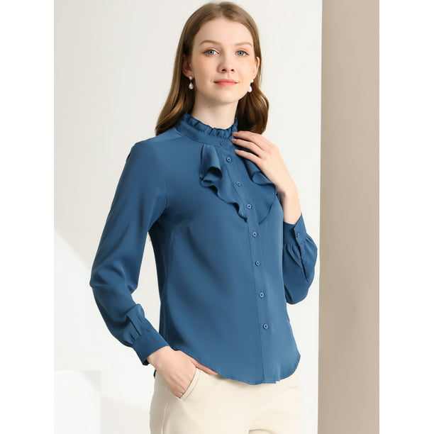 Camisas de oficina para mujer, camisa elegante con cuello de lazo en  contraste, blusas de trabajo de manga larga con botones Blanco L Allegra K  Blusa