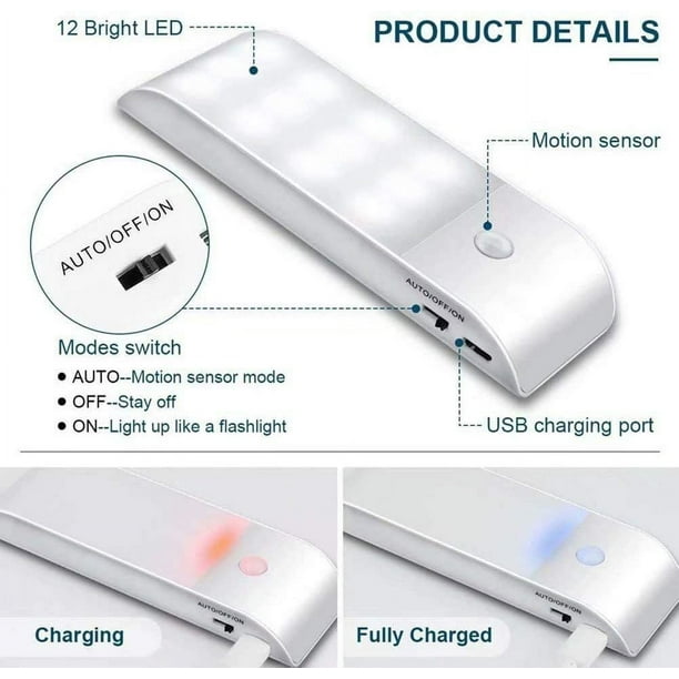 Luz nocturna LED automática [paquete de 2], 12 luces LED USB recargables  para armario con detector