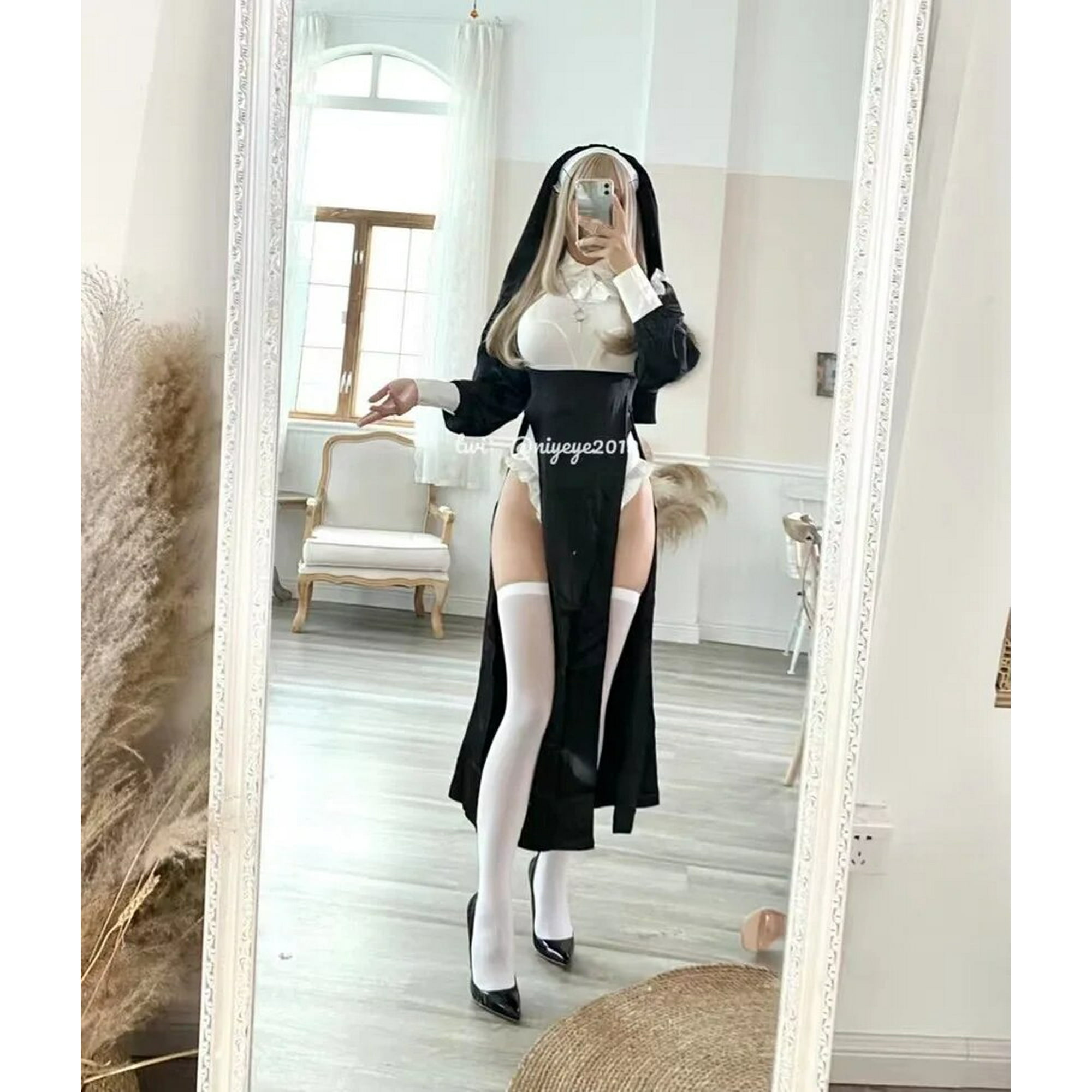 Disfraz de monja Cosplay, vestido negro de Anime, mono blanco, traje de  juego de rol Sexy para mujer, traje de fiesta de Carnaval de Halloween