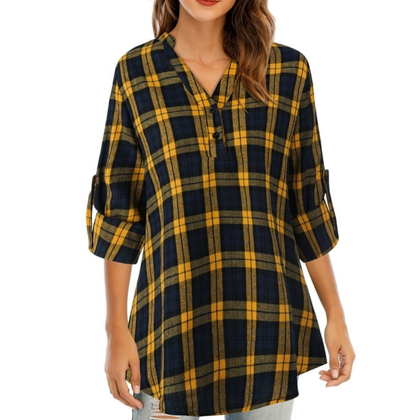 Otoño mujer camisa de tartán cuadros con cuello en v botones pulóver puños manga larga suelta cami Abanopi Amarillo/3X-grande | Walmart en línea