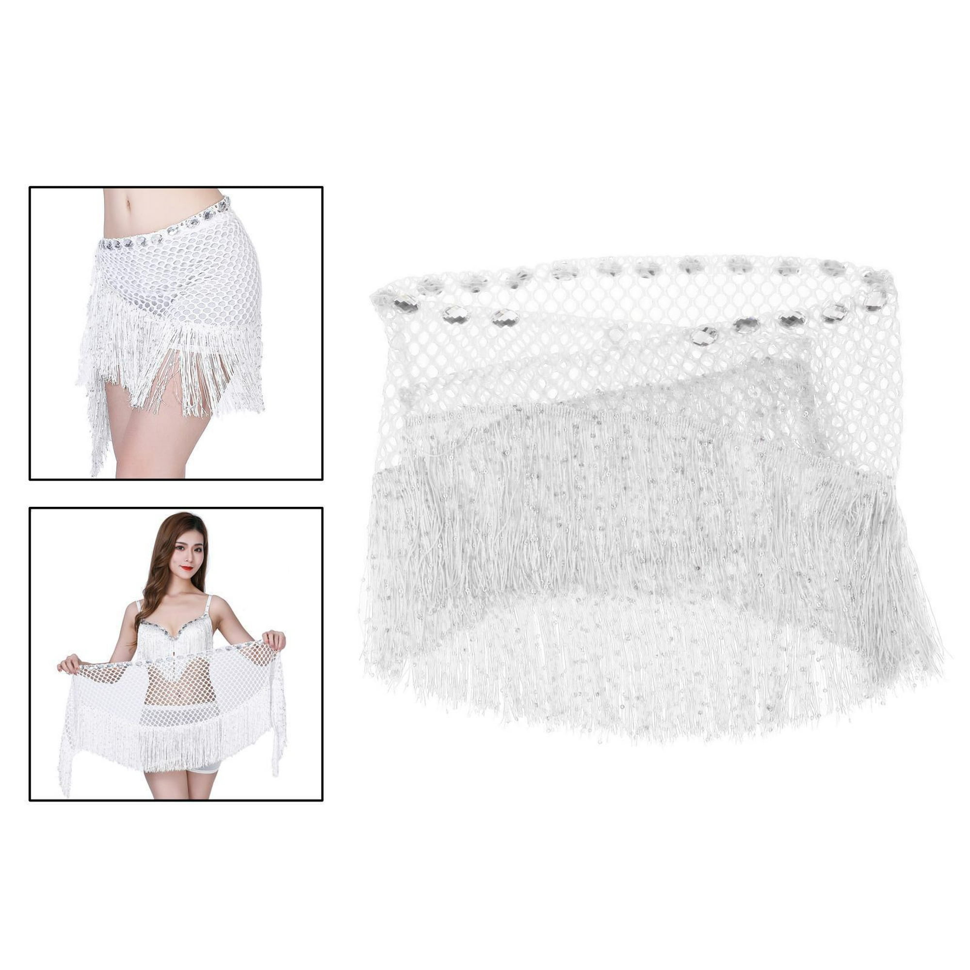 Falda con flecos de lentejuelas blancas para danza del vientre, cadera,  bufanda, cinturón, falda para el club, rendimiento