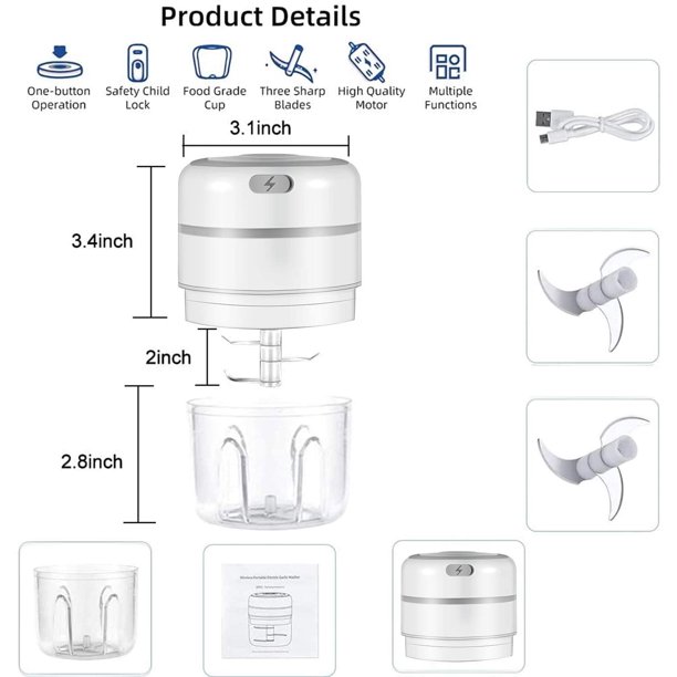 Mini picador eléctrico de ajo, mini picador de alimentos, mini picador de  cebolla eléctrico con dos hojas, picador de verduras mini para