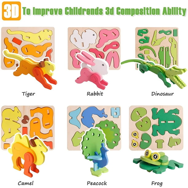 Paquete de 6 rompecabezas de animales en 3D para niños de 3, 4, 5 y 6 años,  rompecabezas de madera para niños pequeños, juguetes educativos  preescolares para niños y niñas. Ormromra WRLF-292