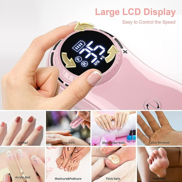 Taladro de uñas eléctrico portátil-- Máquina de lima de uñas recargable  profesional de 35000 RPM, lima E inalámbrica para quitar esmalte de uñas de