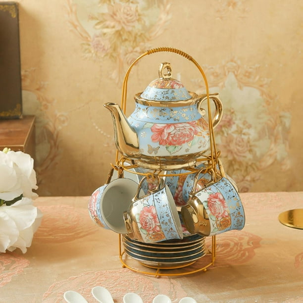 Juego de té de cerámica con tazas de tetera Decoración de platillo  Sirviendo a 6 personas para uso diario Patrón floral Capacidad Taza 180ml,  Tetera