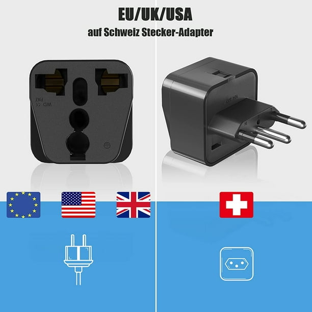 3 adaptadores de enchufe de UE/RU/EE. UU. a Suiza, adaptador de viaje Suiza  tipo J, adaptador de enchufe de viaje de Suiza, enchufe de  Australia/Italia/China a Suiza, con bloqueo de seguridad, negro
