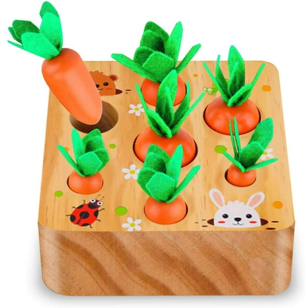 Juguete de madera Montessori 1 2 3 años - Juego de clasificación 3 en 1  para niños - Rompecabezas de madera Cosecha de zanahoria para bebés  Habilidades motoras - Juguete educativo para