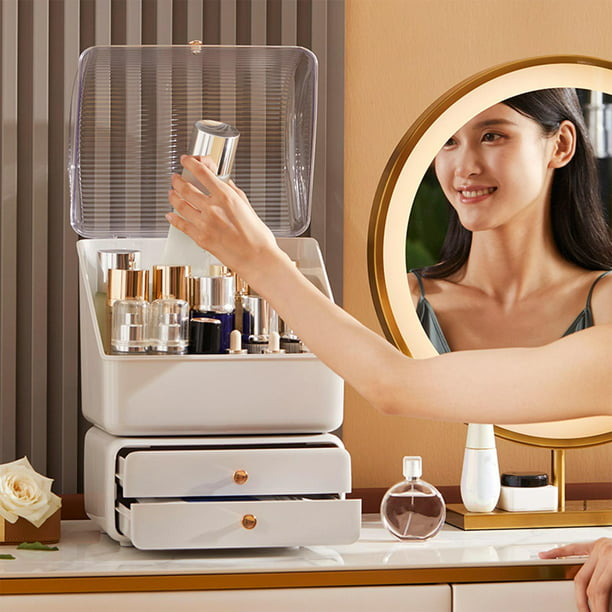 Organizador de maquillaje grande acrílico transparente a prueba  de polvo y cosméticos vitrina con tapa y cajones para encimera de baño :  Belleza y Cuidado Personal