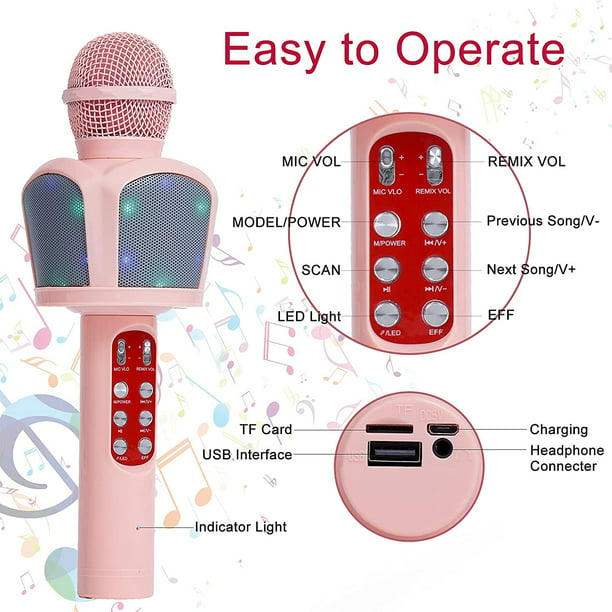 Micrófono de karaoke inalámbrico para niños, micrófono de karaoke Bluetooth  portátil de mano para cantar, micrófono de karaoke con altavoz de 4, 5, 6