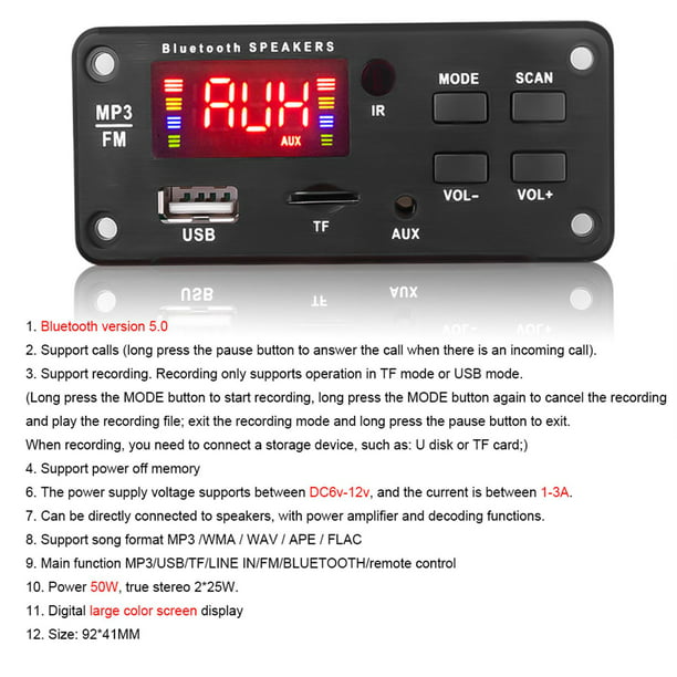 M01BT69 12V bluetooth inalámbrico MP3 WMA placa decodificadora módulo de  Audio USB TF Radio para coche