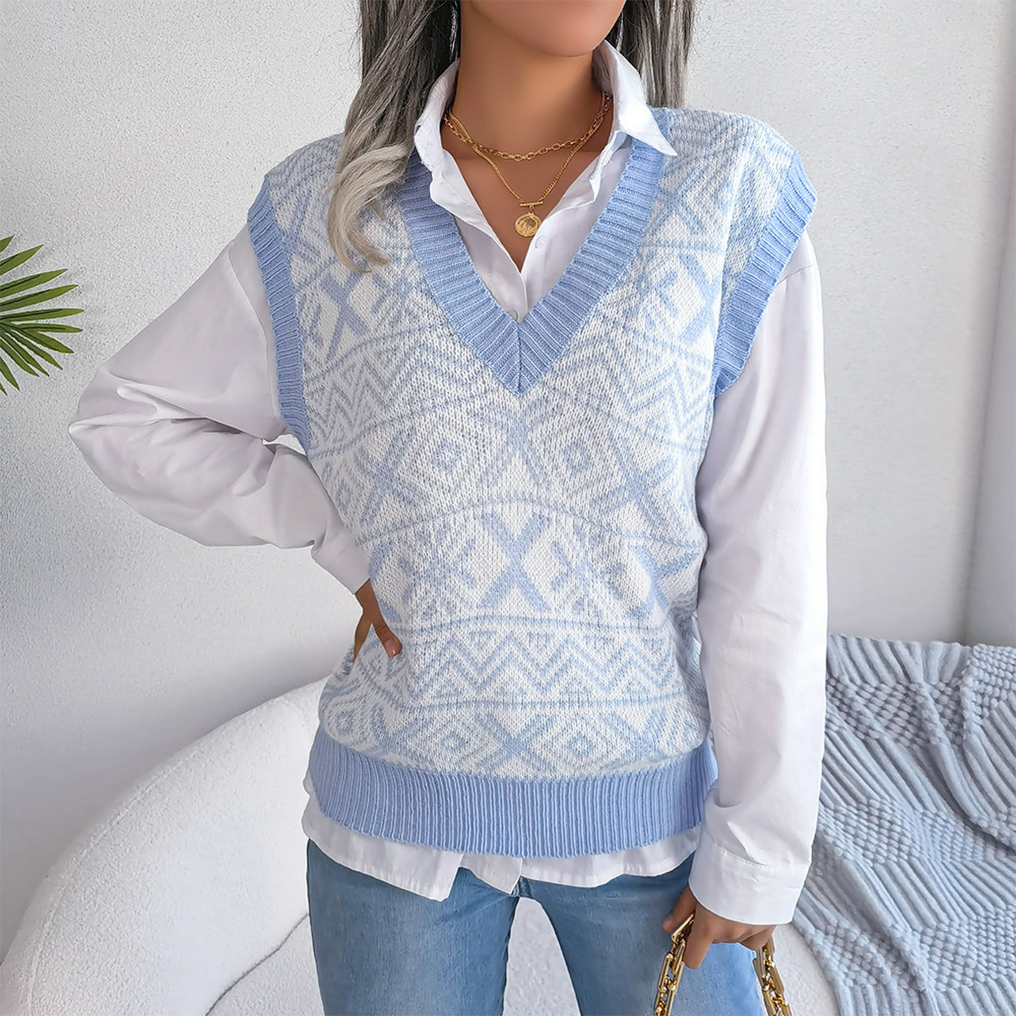 Suéter Jersey básico para mujer, manga larga, patrón de copos de nieve,  traje de vacaciones (azul marino S) Ygjytge Azul marino T S para Mujer
