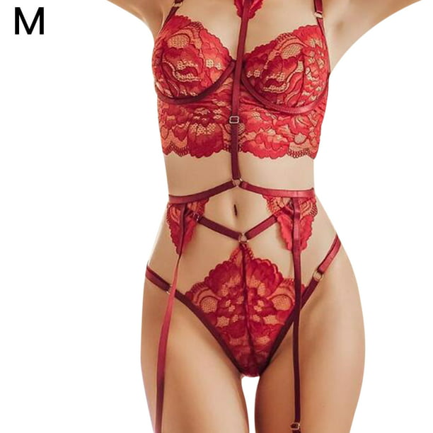 Conjunto de lencería de encaje sexy para mujer Liguero Sujetador Panty  Bralette Ropa interior, Rojo, M Inevent XX000166-05