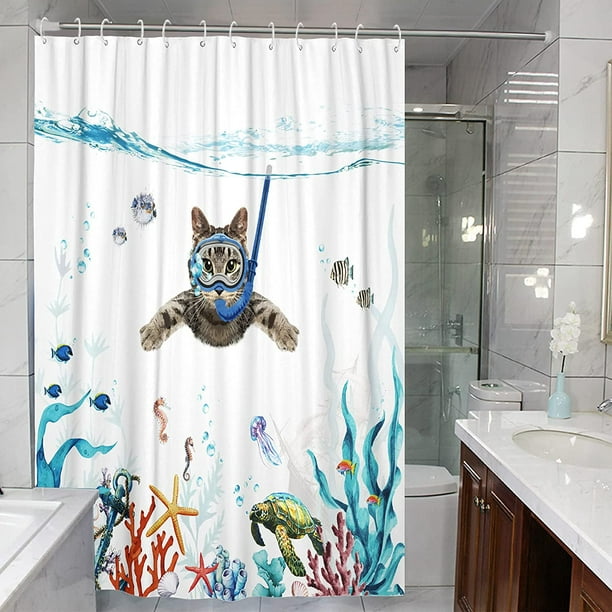 Juego de cortinas de ducha con diseño de gato divertido, color verde  azulado, océano, tela impermeable, cortinas de ducha con animales, pulpo,  estrella de mar, tortuga, ancla, pez, cortina de baño ná