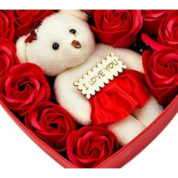 Regalos para el día de San Valentín, regalos de oso de rosas para mujer,  oso de flores de rosas con caja, collar con texto en inglés I Love You