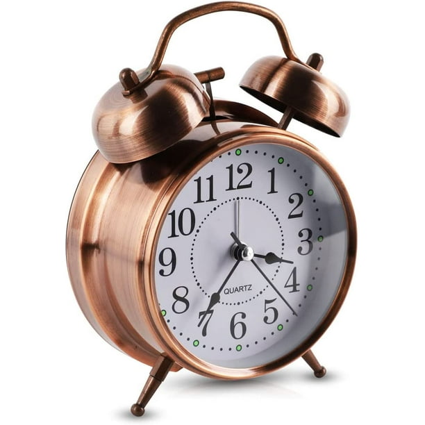  Bernhard Products Reloj despertador analógico de doble campana  retro de metal cobre de 4 pulgadas, cuarzo extra fuerte, funciona con pilas  con retroiluminación para mesita de noche, vintage, silencioso, sin tictac