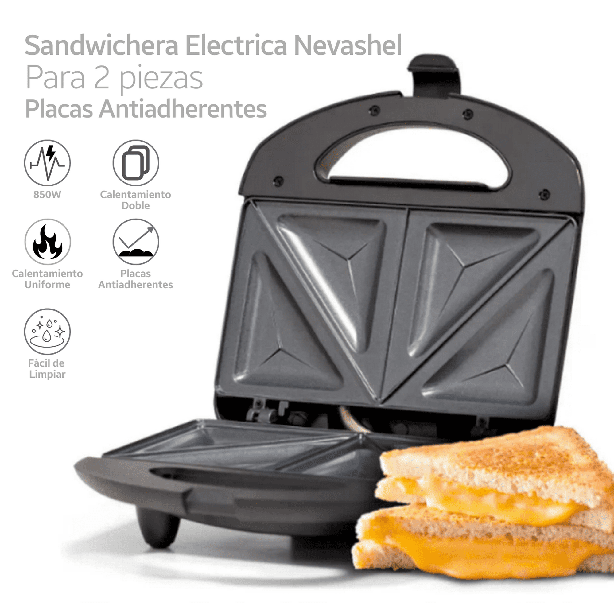 Sandwichera Eléctrica Antiadherente 2Panes 750W Cuori Crunch