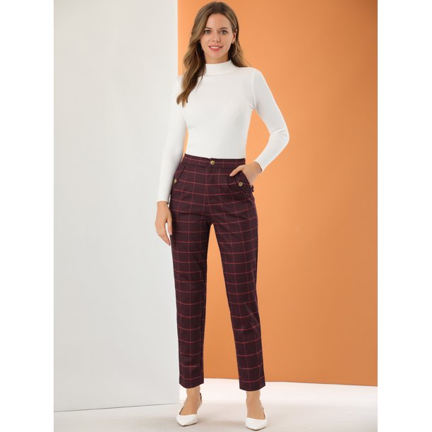 Pantalones A Cuadros De Tartán Vintage Para Mujer Pantalones Largos Rectos  De Cintura Elástica Borgoña S Allegra K Pantalones