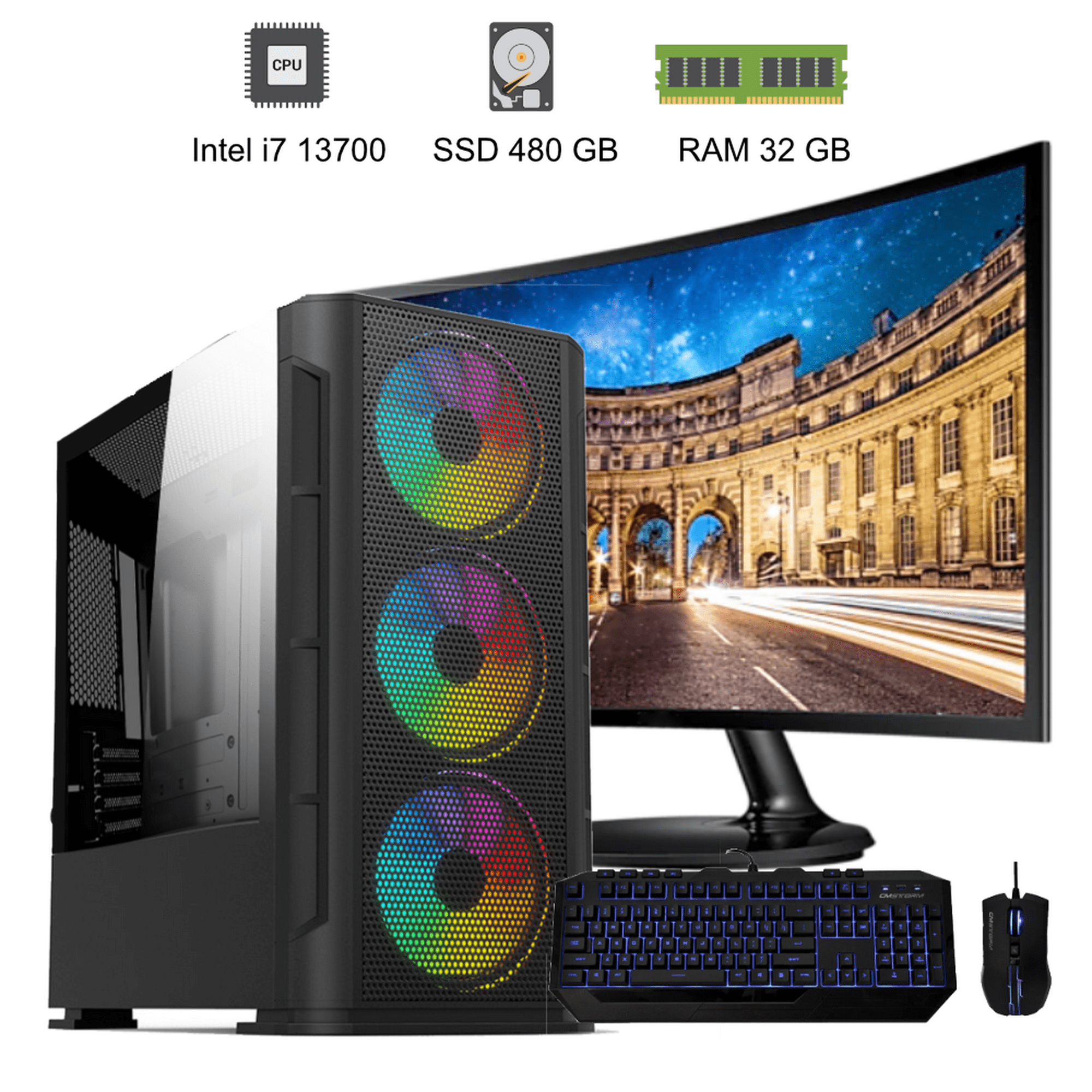 PC Gamer CPU i7 13700 Intel RAM 32GB SSD 480 GB 500W 80+ Monitor curvo