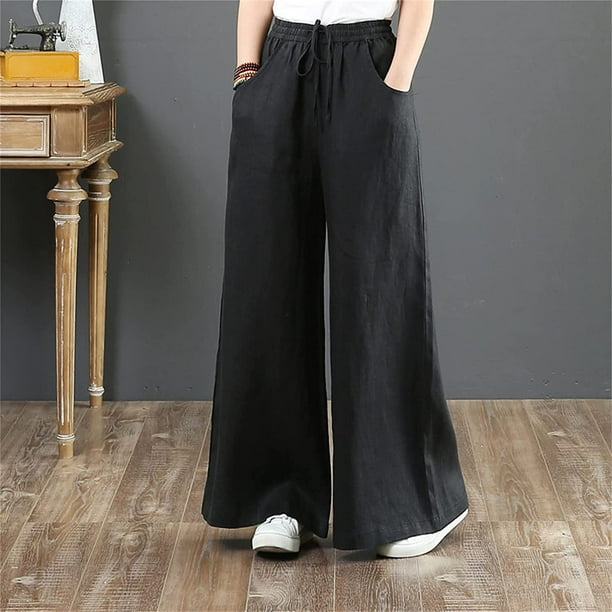 Pantalones de lino para mujer para verano, con cordón, suaves, recortados,  de algodón, cintura elástica