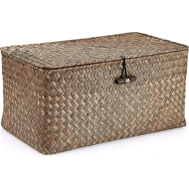 Paquete de 4 cestas de mimbre con tapas, cestas de almacenamiento de hierba  marina náutral, cestas rectangulares tejidas, organizador de