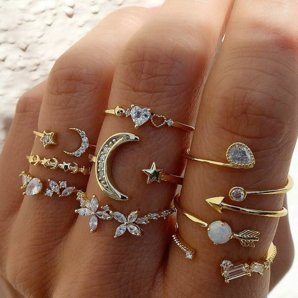 Anillos finos y delicados de doble feria para mujer, Mini anillos elegantes  de cristal de 3 colores OL, amarillo, rosa, dorado y plateado, joyería