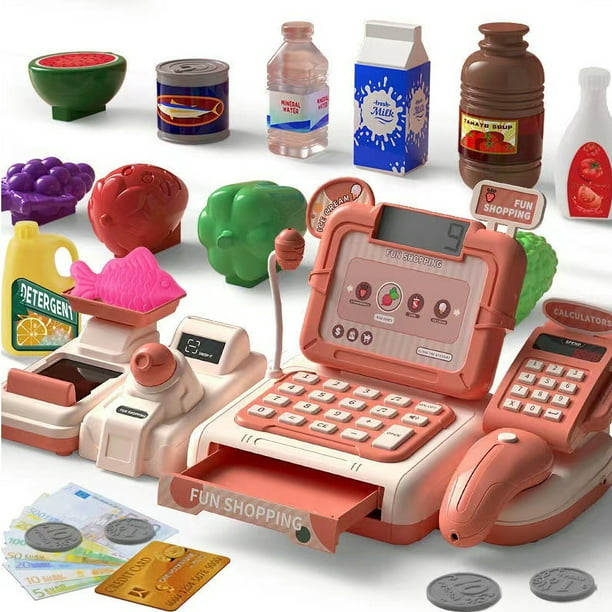 Juguete de caja registradora para niños con alimentos cortables, escáner,  micrófono, dinero de juego, calculadora de caja registradora para niños