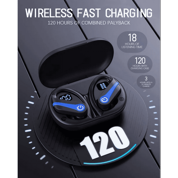 Auriculares Deportivos Inalámbricos Bluetooth Con Gancho Negro con Azul