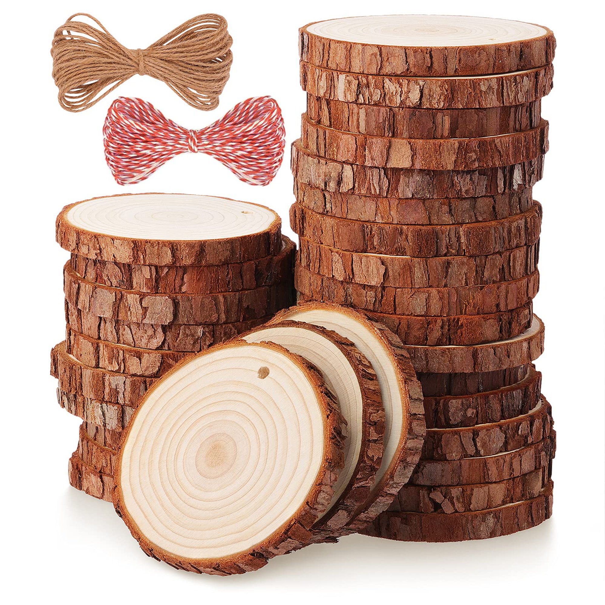 Rodajas de madera natural, 58 piezas de 1.6-2 pulgadas, manualidades de  madera sin terminar, círculos de madera preperforados, rebanada de árbol  con