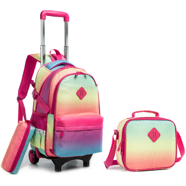 Mochila con ruedas para niñas de 3 piezas, mochila con ruedas de viaje con  ruedas, mochila universitaria para niñas con ruedas - color degradado
