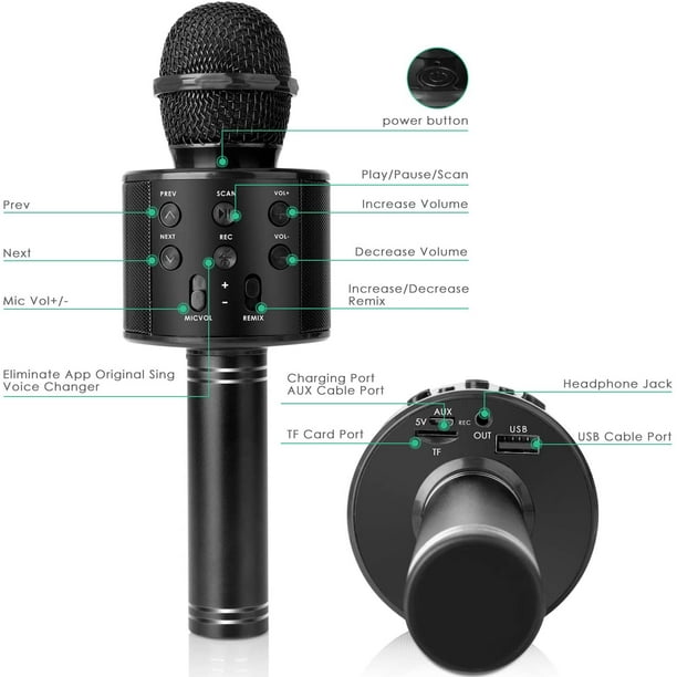 Micrófono de karaoke inalámbrico Bluetooth para niños, 5 en 1, portátil, de  mano, con altavoz, grabadora con radio FM ajustable Remix para niños