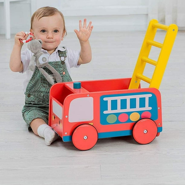 4 ruedas, carro de carro de empuje para niños rojo, andador de juguete de  empuje para niña/niño de 1 a 3 años, carro de compras de juguete, juguete  de vagón de madera