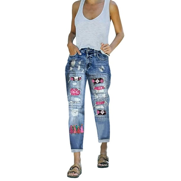 Pantalones rectos rasgados de cintura media para mujer, Jeans