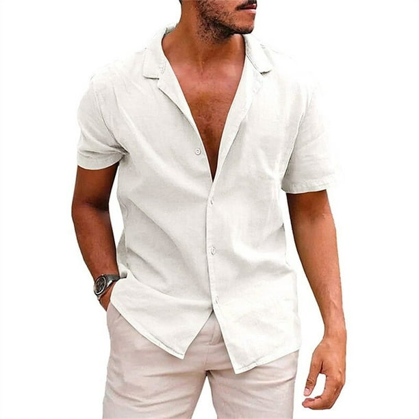 Camisetas blancas para hombre, para primavera y verano, a la moda, holgada,  con botones de solapa, color sólido, manga corta
