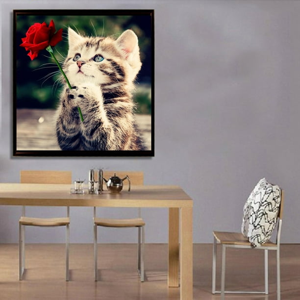 Pintura de diamantes 5D DIY, cuadro de flores y gatos, punto de